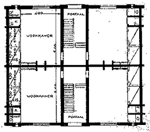Plattegrond van eenkamerwoningen van het rug-aan-rugtype (zie ook foto hierboven)